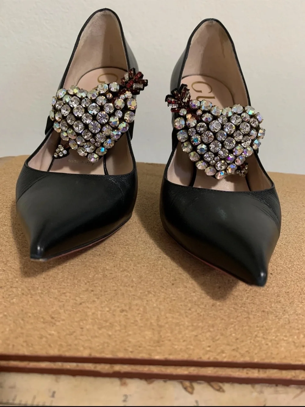 Gucci Black Leather Crystal Heart Mary Jane Pumps